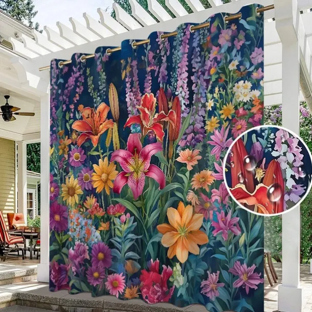 Waterproof Outdoor Curtain Privacy, Sliding Patio Curtain Drapes, Pergola Curtains Grommet 3D Summer Floral Landscape For Gazebo, Balcony, Porch, Party, 1 Panel