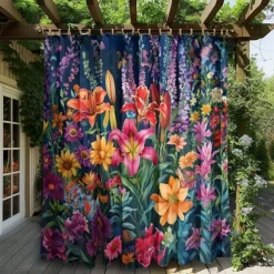 Waterproof Outdoor Curtain Privacy, Sliding Patio Curtain Drapes, Pergola Curtains Grommet 3D Summer Floral Landscape For Gazebo, Balcony, Porch, Party, 1 Panel