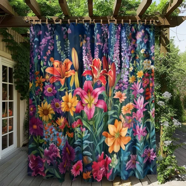 Waterproof Outdoor Curtain Privacy, Sliding Patio Curtain Drapes, Pergola Curtains Grommet 3D Summer Floral Landscape For Gazebo, Balcony, Porch, Party, 1 Panel