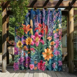 Waterproof Outdoor Curtain Privacy, Sliding Patio Curtain Drapes, Pergola Curtains Grommet 3D Summer Floral Landscape For Gazebo, Balcony, Porch, Party, 1 Panel