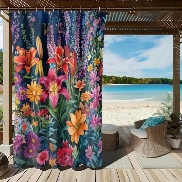 Waterproof Outdoor Curtain Privacy, Sliding Patio Curtain Drapes, Pergola Curtains Grommet 3D Summer Floral Landscape For Gazebo, Balcony, Porch, Party, 1 Panel