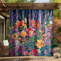 Waterproof Outdoor Curtain Privacy, Sliding Patio Curtain Drapes, Pergola Curtains Grommet 3D Summer Floral Landscape For Gazebo, Balcony, Porch, Party, 1 Panel