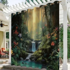 Waterproof Outdoor Curtain Privacy, Outdoor Shades, Sliding Patio Curtain Drapes, Pergola Curtains Grommet 3D Forest Landscape For Gazebo, Balcony, Porch, Party