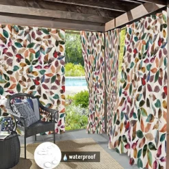 Waterproof Outdoor Curtain Privacy, Sliding Patio Curtain Drapes, Pergola Curtains Grommet Colorful Leaves For Gazebo, Balcony, Porch, Party, 1 Panel