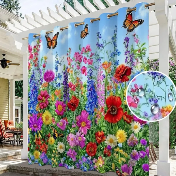 Waterproof Outdoor Curtain Privacy, Sliding Patio Curtain Drapes, Pergola Curtains Grommet 3D Summer Floral Landscape For Gazebo, Balcony, Porch, Party, 1 Panel