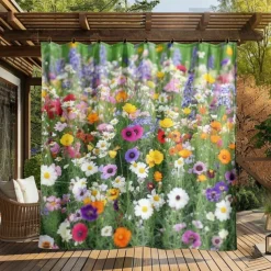 Waterproof Outdoor Curtain Privacy, Sliding Patio Curtain Drapes, Pergola Curtains Grommet 3D Summer Floral Landscape For Gazebo, Balcony, Porch, Party, 1 Panel