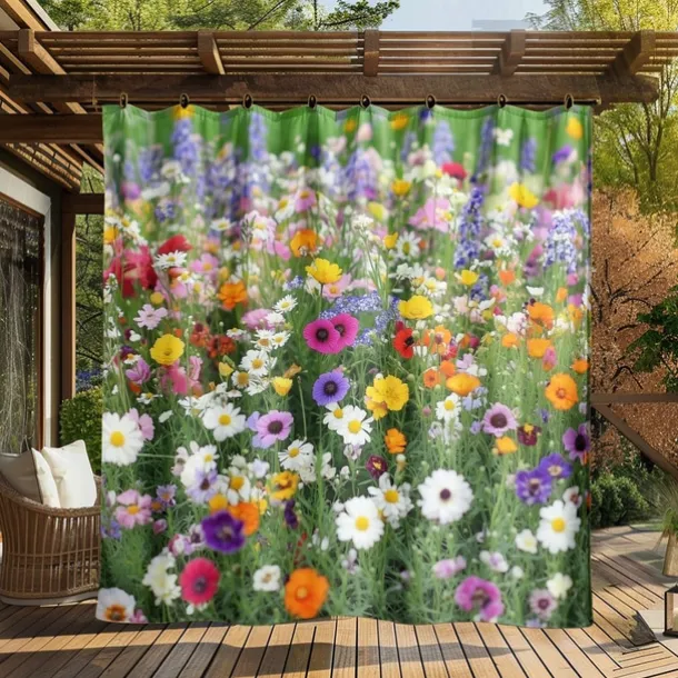 Waterproof Outdoor Curtain Privacy, Sliding Patio Curtain Drapes, Pergola Curtains Grommet 3D Summer Floral Landscape For Gazebo, Balcony, Porch, Party, 1 Panel