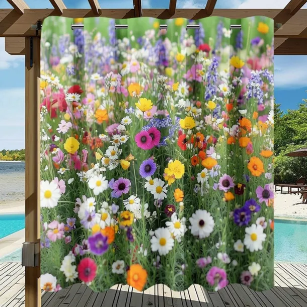 Waterproof Outdoor Curtain Privacy, Sliding Patio Curtain Drapes, Pergola Curtains Grommet 3D Summer Floral Landscape For Gazebo, Balcony, Porch, Party, 1 Panel