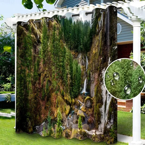 Waterproof Outdoor Curtain Privacy, Sliding Patio Curtain Drapes, Pergola Curtains Grommet 3D Tree Forest Landscape For Gazebo, Balcony, Porch, Party, 1 Panel