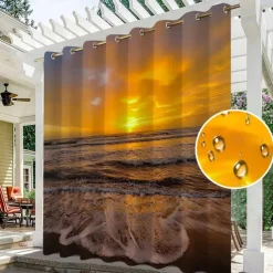 Waterproof Outdoor Curtain Privacy, Sliding Patio Curtain Drapes, Pergola Curtains Grommet 3D Ocean Beach Landscape For Gazebo, Balcony, Porch, Party, 1 Panel
