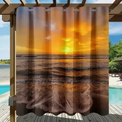 Waterproof Outdoor Curtain Privacy, Sliding Patio Curtain Drapes, Pergola Curtains Grommet 3D Ocean Beach Landscape For Gazebo, Balcony, Porch, Party, 1 Panel