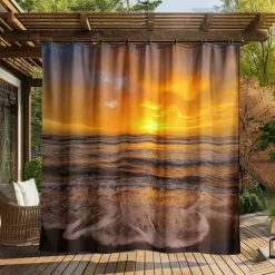 Waterproof Outdoor Curtain Privacy, Sliding Patio Curtain Drapes, Pergola Curtains Grommet 3D Ocean Beach Landscape For Gazebo, Balcony, Porch, Party, 1 Panel