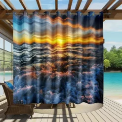 Waterproof Outdoor Curtain Privacy, Sliding Patio Curtain Drapes, Pergola Curtains Grommet 3D Ocean Beach Landscape For Gazebo, Balcony, Porch, Party, 1 Panel