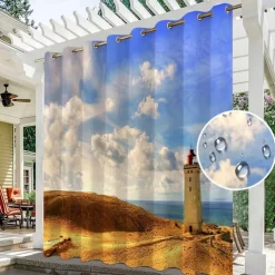 Waterproof Outdoor Curtain Privacy, Sliding Patio Curtain Drapes, Pergola Curtains Grommet 3D Ocean Light Tower Landscape For Gazebo, Balcony, Porch, Party, 1 Panel
