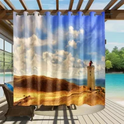 Waterproof Outdoor Curtain Privacy, Sliding Patio Curtain Drapes, Pergola Curtains Grommet 3D Ocean Light Tower Landscape For Gazebo, Balcony, Porch, Party, 1 Panel