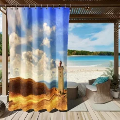 Waterproof Outdoor Curtain Privacy, Sliding Patio Curtain Drapes, Pergola Curtains Grommet 3D Ocean Light Tower Landscape For Gazebo, Balcony, Porch, Party, 1 Panel