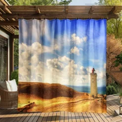 Waterproof Outdoor Curtain Privacy, Sliding Patio Curtain Drapes, Pergola Curtains Grommet 3D Ocean Light Tower Landscape For Gazebo, Balcony, Porch, Party, 1 Panel