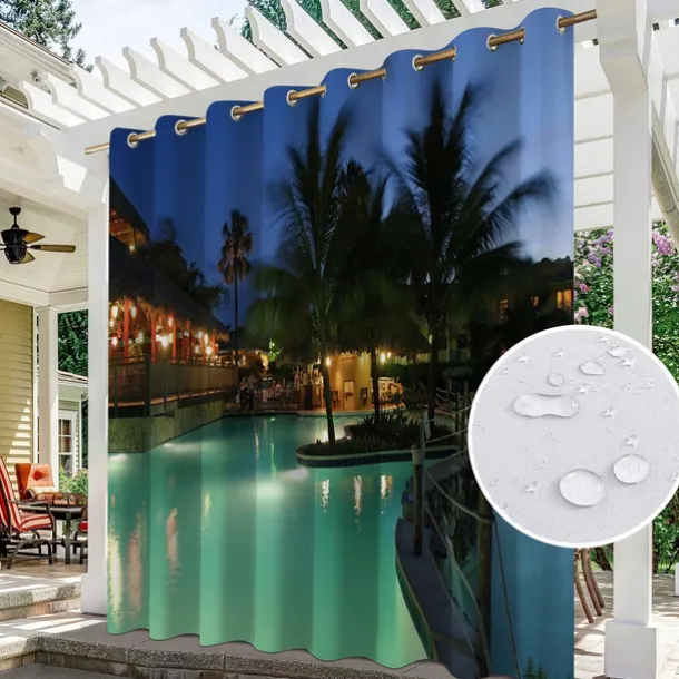 Waterproof Outdoor Curtain Privacy, Sliding Patio Beach Curtain Drapes , Pergola Curtains Grommet For Gazebo, Balcony, Porch, Party, Hotel, 1 Panel