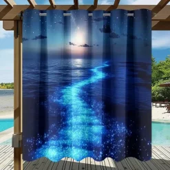 Waterproof Outdoor Curtain Privacy, Sliding Patio Curtain Drapes, Pergola Curtains Grommet 3D Ocean Twinkling Landscape For Gazebo, Balcony, Porch, Party, 1 Panel