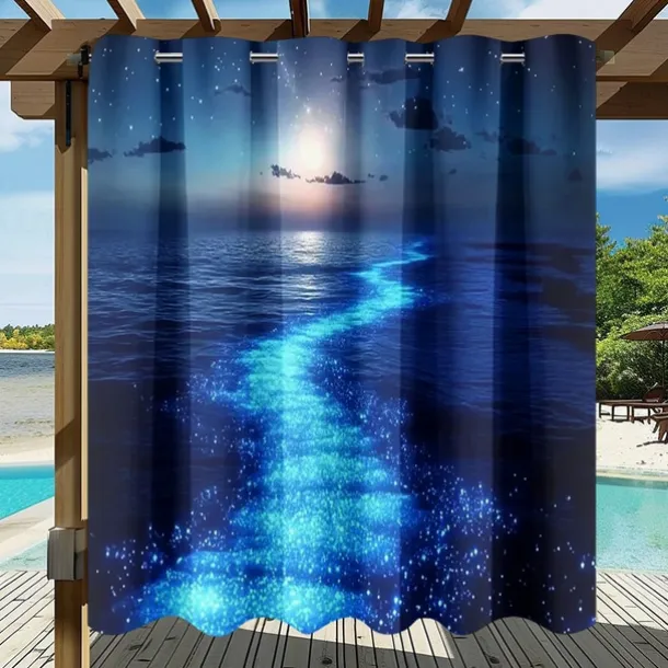 Waterproof Outdoor Curtain Privacy, Sliding Patio Curtain Drapes, Pergola Curtains Grommet 3D Ocean Twinkling Landscape For Gazebo, Balcony, Porch, Party, 1 Panel
