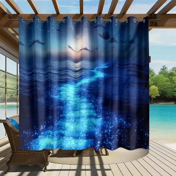 Waterproof Outdoor Curtain Privacy, Sliding Patio Curtain Drapes, Pergola Curtains Grommet 3D Ocean Twinkling Landscape For Gazebo, Balcony, Porch, Party, 1 Panel