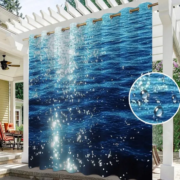 Waterproof Outdoor Curtain Privacy, Sliding Patio Curtain Drapes, Pergola Curtains Grommet 3D Ocean Twinkling Landscape For Gazebo, Balcony, Porch, Party, 1 Panel