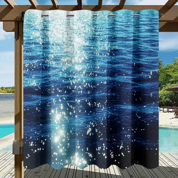 Waterproof Outdoor Curtain Privacy, Sliding Patio Curtain Drapes, Pergola Curtains Grommet 3D Ocean Twinkling Landscape For Gazebo, Balcony, Porch, Party, 1 Panel