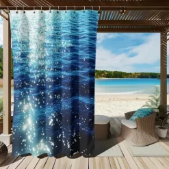 Waterproof Outdoor Curtain Privacy, Sliding Patio Curtain Drapes, Pergola Curtains Grommet 3D Ocean Twinkling Landscape For Gazebo, Balcony, Porch, Party, 1 Panel