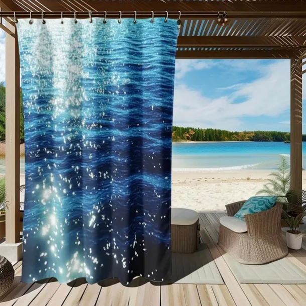 Waterproof Outdoor Curtain Privacy, Sliding Patio Curtain Drapes, Pergola Curtains Grommet 3D Ocean Twinkling Landscape For Gazebo, Balcony, Porch, Party, 1 Panel