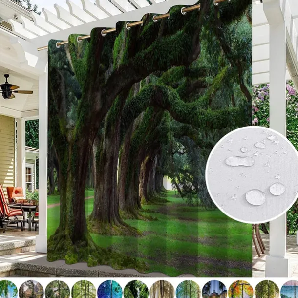 Waterproof Outdoor Curtain Privacy, Sliding Patio Curtain Drapes, Pergola Curtains Grommet 3D Forest Landscape For Gazebo, Balcony, Porch, Party, 1 Panel