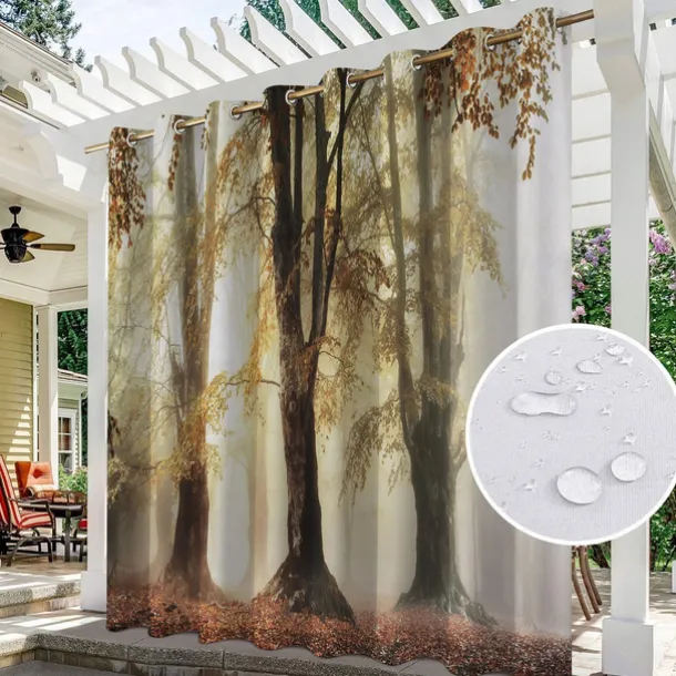 Waterproof Outdoor Curtain Privacy, Sliding Patio Curtain Drapes, Pergola Curtains Grommet 3D Forest Landscape For Gazebo, Balcony, Porch, Party, 1 Panel