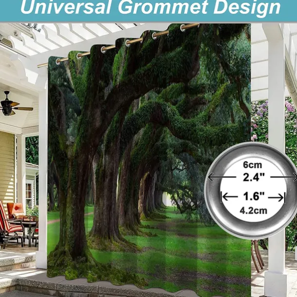 Waterproof Outdoor Curtain Privacy, Sliding Patio Curtain Drapes, Pergola Curtains Grommet 3D Forest Landscape For Gazebo, Balcony, Porch, Party, 1 Panel