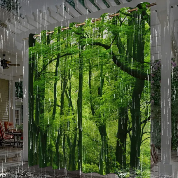 Waterproof Outdoor Curtain Privacy, Sliding Patio Curtain Drapes, Pergola Curtains Grommet 3D Forest Landscape For Gazebo, Balcony, Porch, Party, 1 Panel