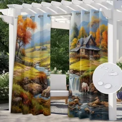 Waterproof Outdoor Curtain Privacy, Landscape Sliding Patio Curtain Drapes, Pergola Curtains Grommet For Gazebo, Balcony, Porch, Party