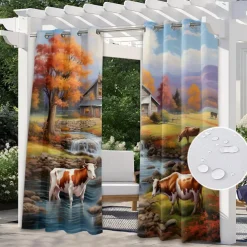Waterproof Outdoor Curtain Privacy, Landscape Sliding Patio Curtain Drapes, Pergola Curtains Grommet For Gazebo, Balcony, Porch, Party