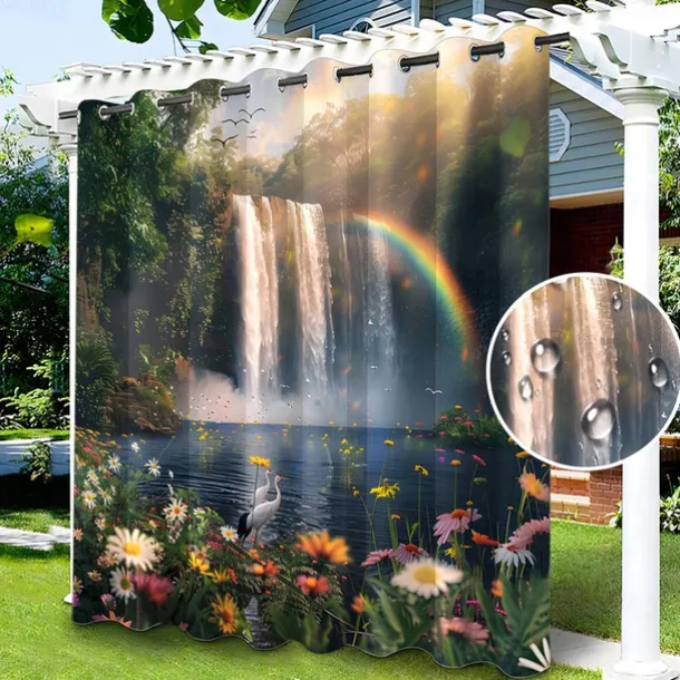 Waterproof Outdoor Curtain Privacy, Sliding Patio Curtain Drapes, Pergola Curtains Grommet Rainbow River Landscape For Gazebo, Balcony, Porch, Party, 1 Panel