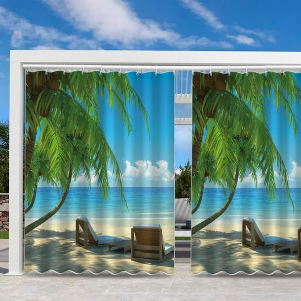 Waterproof Outdoor Curtain Privacy, Sliding Patio Curtain Drapes, Pergola Curtains Grommet 3D Landscape Beach For Gazebo, Balcony, Porch, Party, 1 Panel