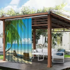 Waterproof Outdoor Curtain Privacy, Sliding Patio Curtain Drapes, Pergola Curtains Grommet 3D Landscape Beach For Gazebo, Balcony, Porch, Party, 1 Panel