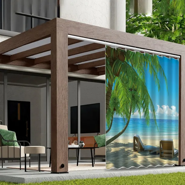 Waterproof Outdoor Curtain Privacy, Sliding Patio Curtain Drapes, Pergola Curtains Grommet 3D Landscape Beach For Gazebo, Balcony, Porch, Party, 1 Panel