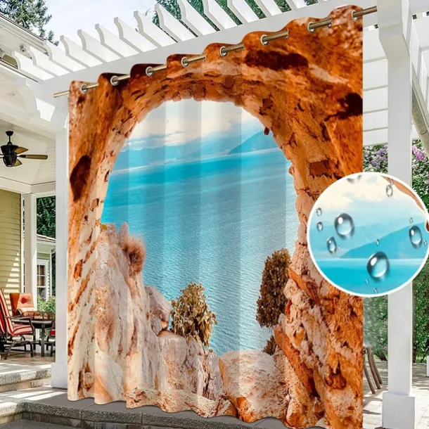 Waterproof Outdoor Curtain Privacy, Sliding Patio Curtain Drapes, Pergola Curtains Grommet 3D Ocean Cave Landscape For Gazebo, Balcony, Porch, Party, 1 Panel