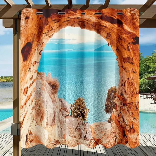Waterproof Outdoor Curtain Privacy, Sliding Patio Curtain Drapes, Pergola Curtains Grommet 3D Ocean Cave Landscape For Gazebo, Balcony, Porch, Party, 1 Panel
