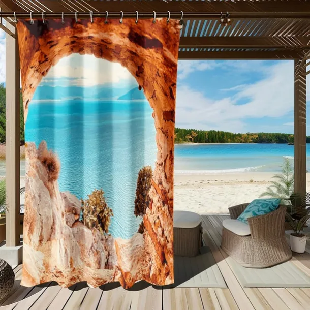 Waterproof Outdoor Curtain Privacy, Sliding Patio Curtain Drapes, Pergola Curtains Grommet 3D Ocean Cave Landscape For Gazebo, Balcony, Porch, Party, 1 Panel