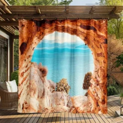 Waterproof Outdoor Curtain Privacy, Sliding Patio Curtain Drapes, Pergola Curtains Grommet 3D Ocean Cave Landscape For Gazebo, Balcony, Porch, Party, 1 Panel