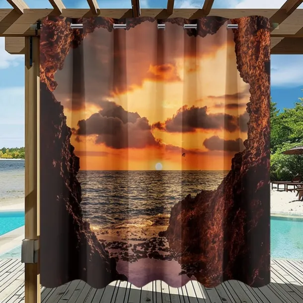 Waterproof Outdoor Curtain Privacy, Sliding Patio Curtain Drapes, Pergola Curtains Grommet 3D Ocean Cave Landscape For Gazebo, Balcony, Porch, Party, 1 Panel