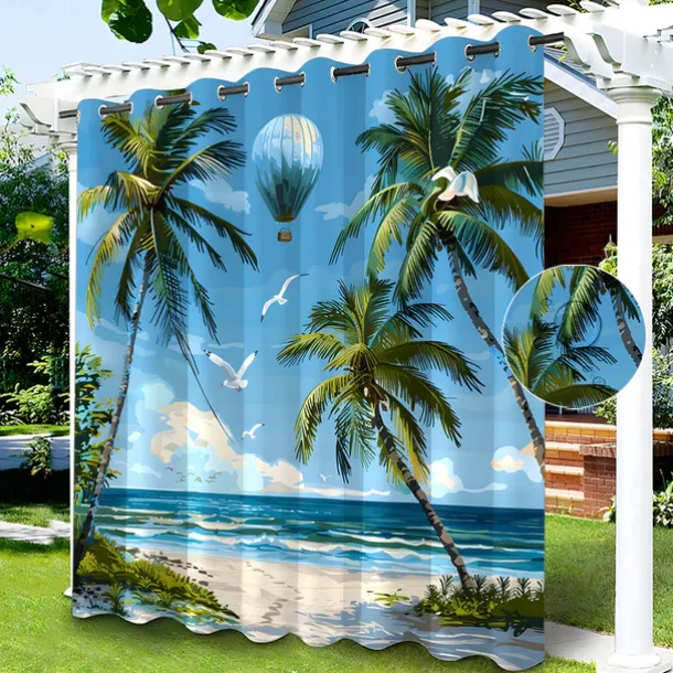 Waterproof Outdoor Curtain Privacy, Sliding Patio Curtain Drapes, Pergola Curtains Grommet Beach Palm Trees Landscape For Gazebo, Balcony, Porch, Party, 1 Panel