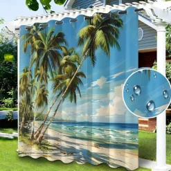 Waterproof Outdoor Curtain Privacy, Sliding Patio Curtain Drapes, Pergola Curtains Grommet Beach Palm Trees Landscape For Gazebo, Balcony, Porch, Party, 1 Panel