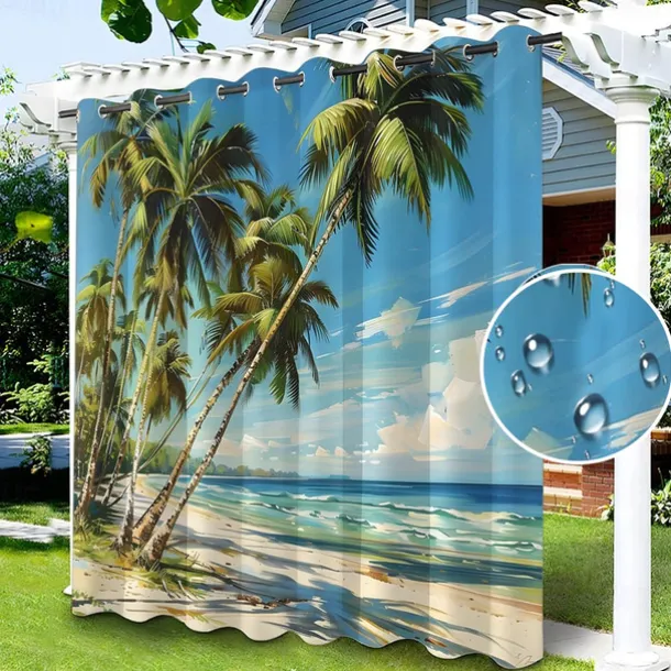 Waterproof Outdoor Curtain Privacy, Sliding Patio Curtain Drapes, Pergola Curtains Grommet Beach Palm Trees Landscape For Gazebo, Balcony, Porch, Party, 1 Panel
