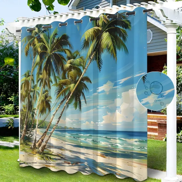 Waterproof Outdoor Curtain Privacy, Sliding Patio Curtain Drapes, Pergola Curtains Grommet Beach Palm Trees Landscape For Gazebo, Balcony, Porch, Party, 1 Panel