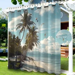 Waterproof Outdoor Curtain Privacy, Sliding Patio Curtain Drapes, Pergola Curtains Grommet Beach Palm Trees Landscape For Gazebo, Balcony, Porch, Party, 1 Panel