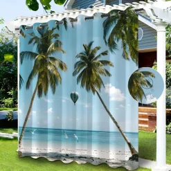 Waterproof Outdoor Curtain Privacy, Sliding Patio Curtain Drapes, Pergola Curtains Grommet Beach Palm Trees Landscape For Gazebo, Balcony, Porch, Party, 1 Panel